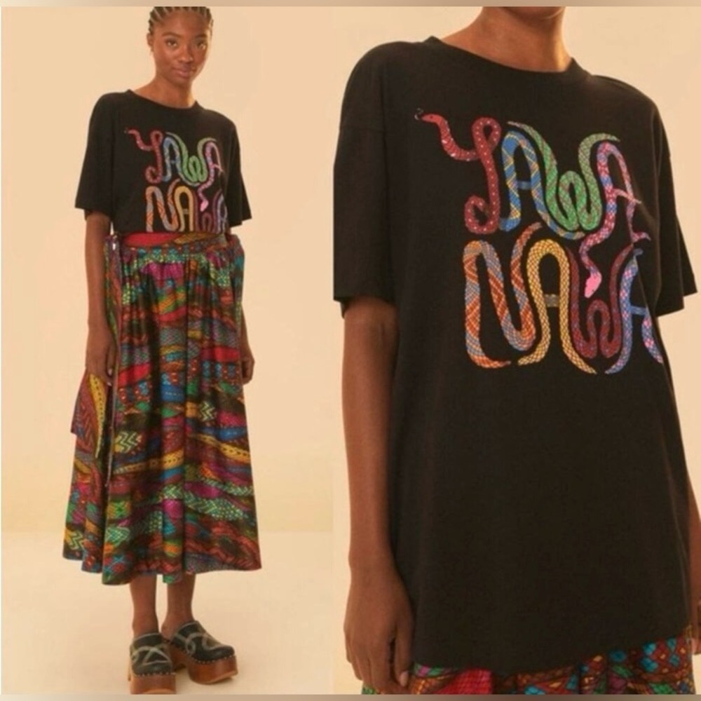 NEW FARM Rio Yawanawa Relaxed T-Shirt Oversized Snakes Black Rainbow Size XS/S